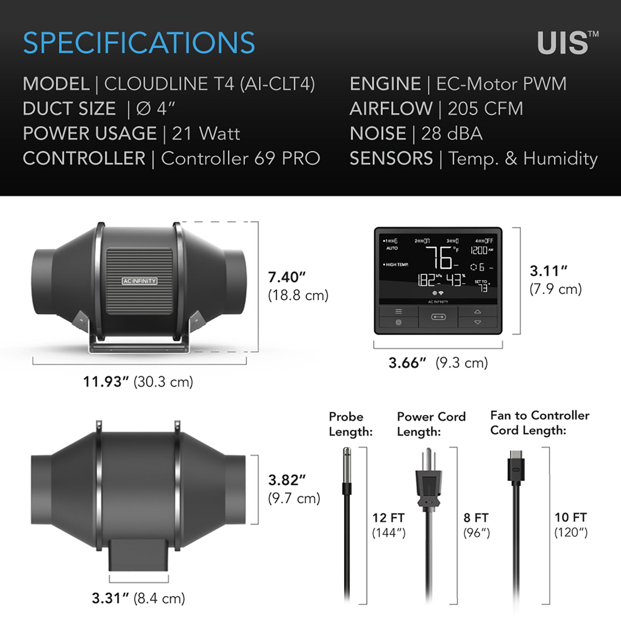AC Infinity Cloudline Pro T4, Ø100 mm, 350 m³/h